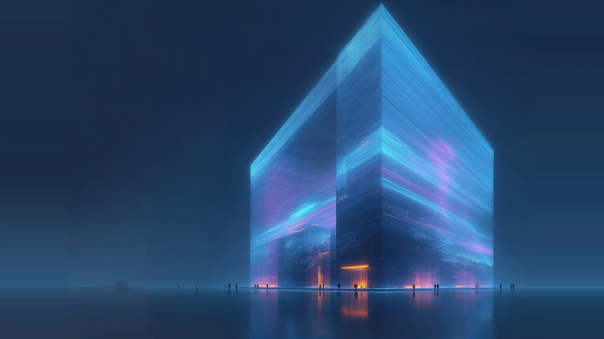Edificio futurista de luz azul y rosa con siluetas de personas en la base